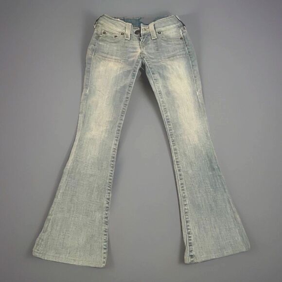 True Religion Caroline Jeans Women Sz 24 Rare Embroidered Patch LtWash Flare Y2K - Picture 2 of 14
